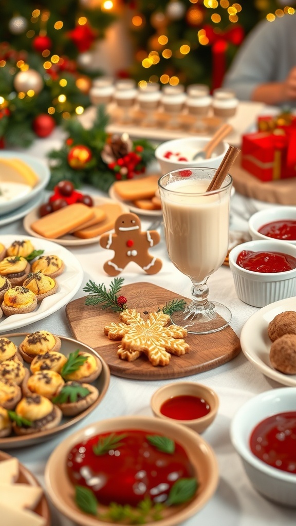 A festive Christmas party table with assorted appetizers and desserts, including cheese platter, stuffed mushrooms, and gingerbread cookies.